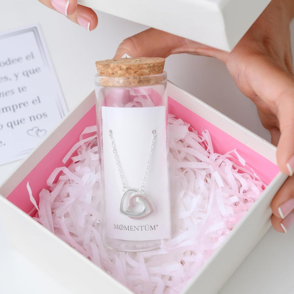 Collar Mujer Plata (Bañada) – Corazones – Regalo Con Caja Y Dedicatoria Premium – Ajustable Y Elegante – Ideal Cumpleaños, Navidad, San Valentín